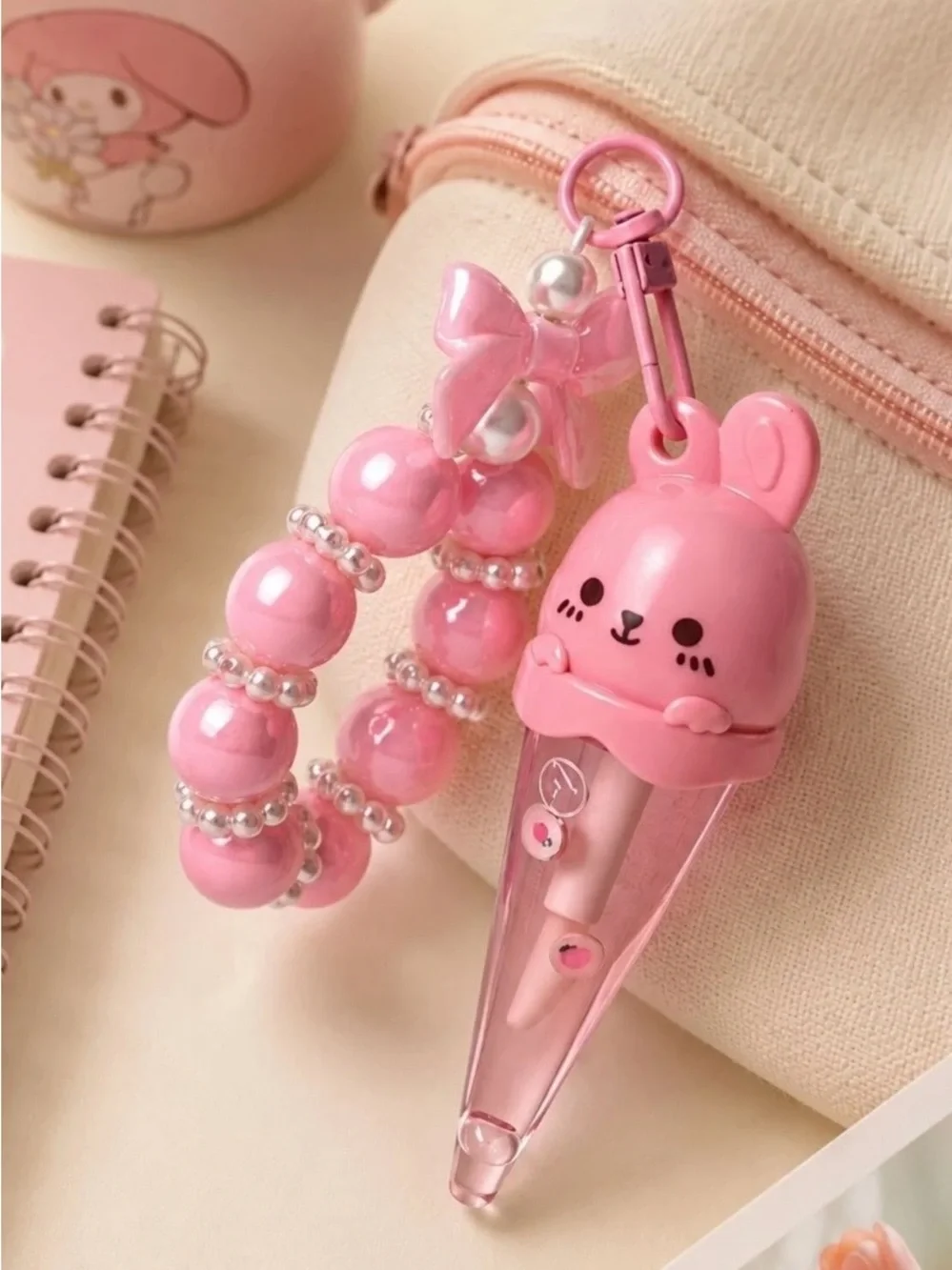 Cutest Pink Bunny Ear Lipgloss with Beaded Wrist Strap !